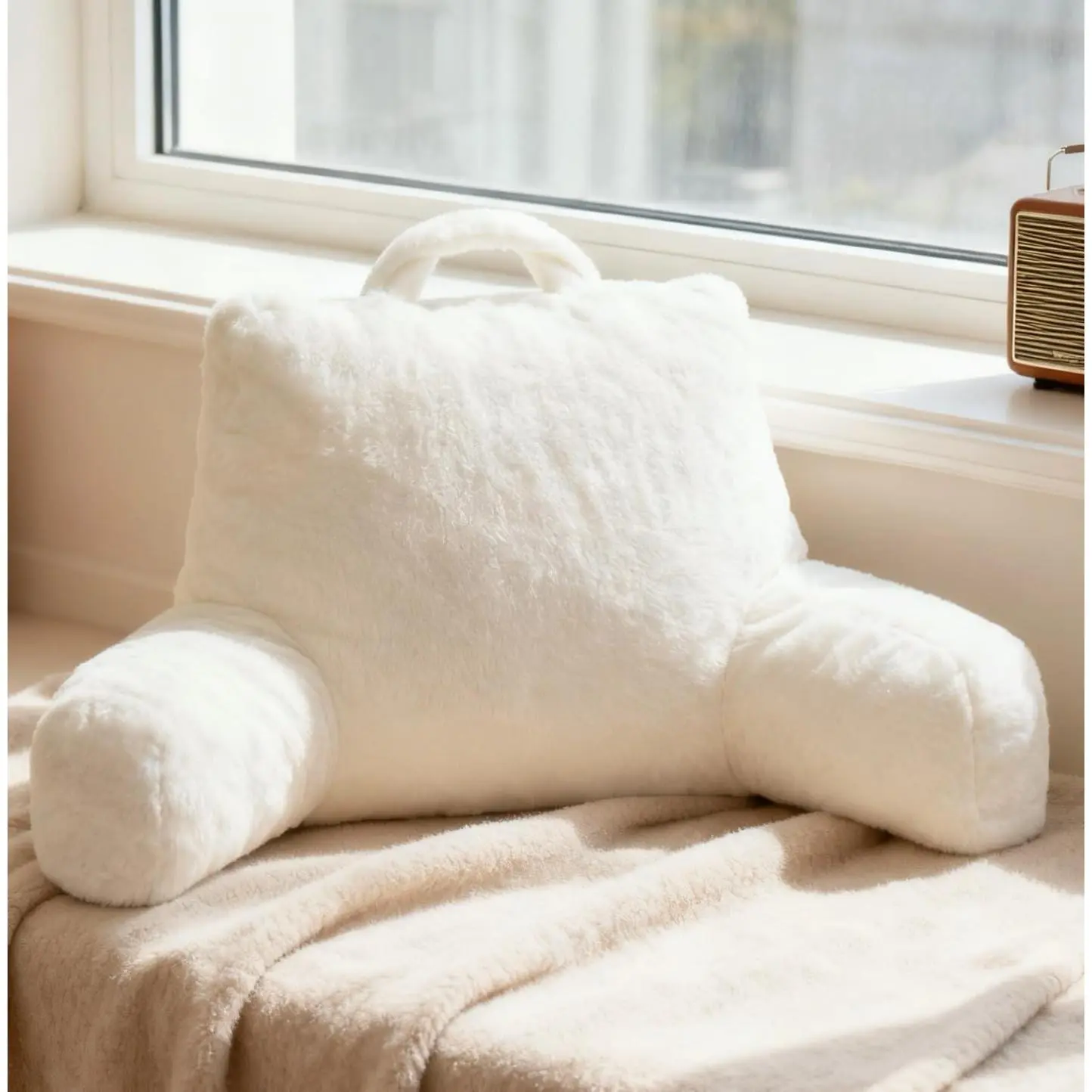 Reading Pillow for Sitting up in Bed and Couch,Large  Pillow for Adult & Teens with Soft Adjustable  Roll Backrest Pillow,Washable Cover,Watching TV/Gaming/Relaxing(FurryWhite)