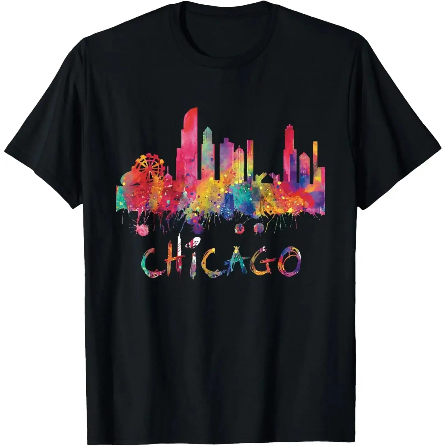 100%cotton Chicago Skyline Cityscape Watercolor Chicago Flag Illinois T-Shirt