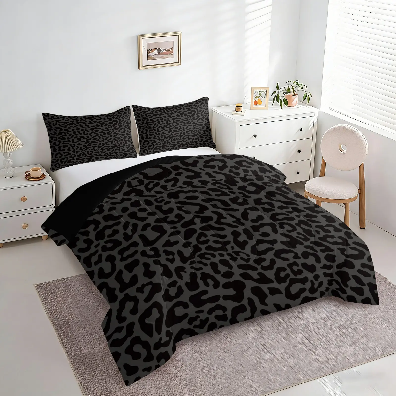 Dark Gray Leopard Print Comforter Set, 1 Quilt & 1/2 Pillowcase No Pillow Insert, Modern Leopard Bedding Set, Soft All Season Bed Comforter, Universal Home Decor for Adults, Teens, Bedroom, Dorm, Guest Room