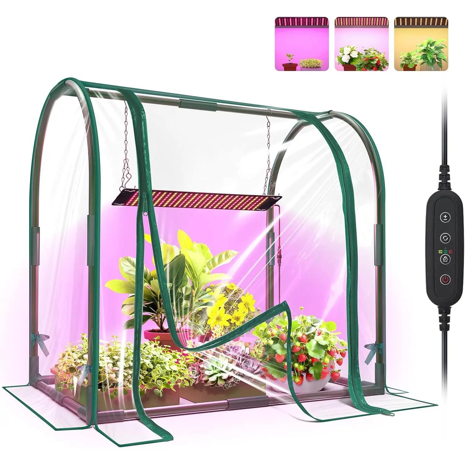 Mini Indoor Greenhouse with Grow Light, Desktop Small Greenhouse | PVC Cover for Seed Starting with Zippered Door, 27.2x19.9x27.2in, Auto Timer