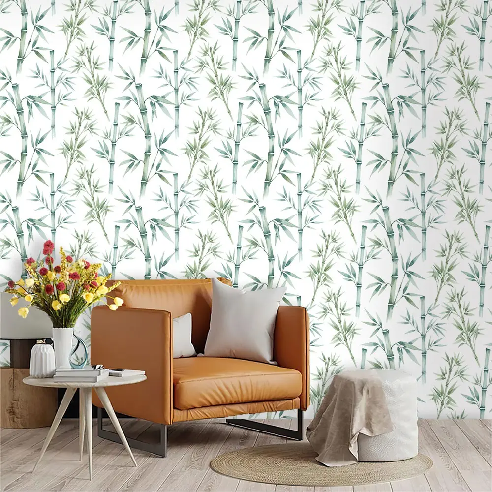 Watercolor Hand-Drawn Bamboo Pattern Wallpaper, PVC Material, Peel-And-Stick, Mould-Proof, Ideal for Kitchen/living Room/bedroom Decor