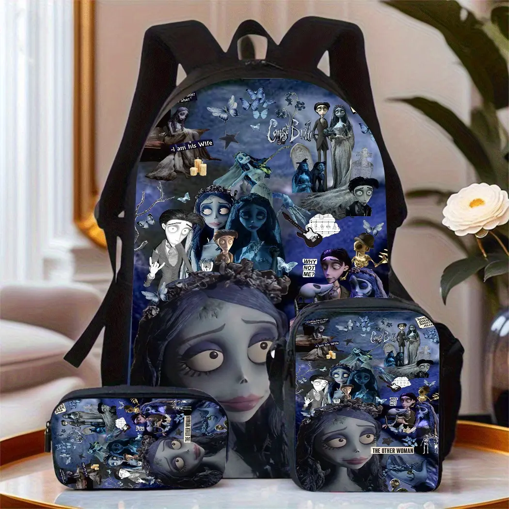 Corpse Bride Dark Blue Cemetery Butterfly Patchwork Three-Piece School Bag Set, including backpack, insulated lunch bag, and stationery storage bag, for daily use by teenagers
