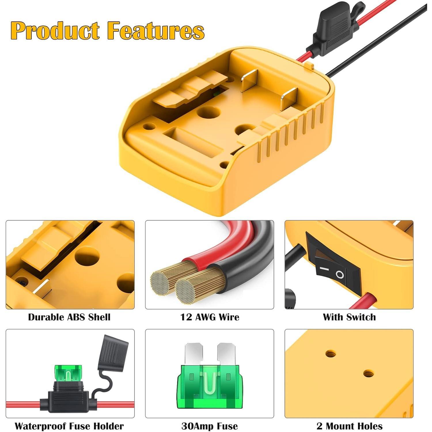 Dewalt 20V Lithium Shockproof Battery Adapter Kit - Max Output Current:20A, ABS Plastic, 12 AWG Wire, Switch, Fuse, Fuse Cap, Wire Terminals, Locking Battery Hold, 30A Overload Guard - Compatible with 18V Devices, Ride-On Toys - For DIY Projects Dewalt 20V Lithium Shockproof Battery Adapter Kit - Max Output Current:20A, ABS Plastic, 12 AWG Wire, Switch, Fuse, Fuse Cap, Wire Terminals, Locking Battery Hold, 30A Overload Guard - Compatible with 18V Devices, Ride-On Toys - For DIY Projects