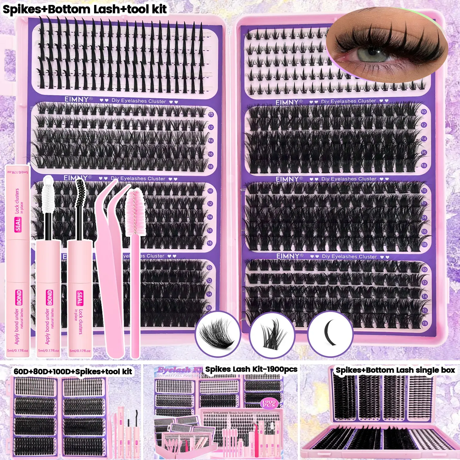800/1900Pcs Lash Clusters, Includes Spiky and Bottom Lashes, 40D+60D+80D Mixed Style Volume Eyelash Clusters, Eyelash Extension, single box/with Glue, Tweezers and Brush, D Curl 3D Wispy Eyelash, Fluffy Manga Eyelashes, Dense Lash, DIY Eyelash Set