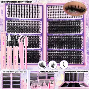 800/1900Pcs Lash Clusters, Includes Spiky and Bottom Lashes, 40D+60D+80D+100D+110D+120D Mixed Style Volume Eyelash Clusters single box/with Glue, Tweezers and Brush, D Curl 3D Individual Wispy Eyelash, Fluffy Manga Eyelashes, Dense Thickened Lash for DIY