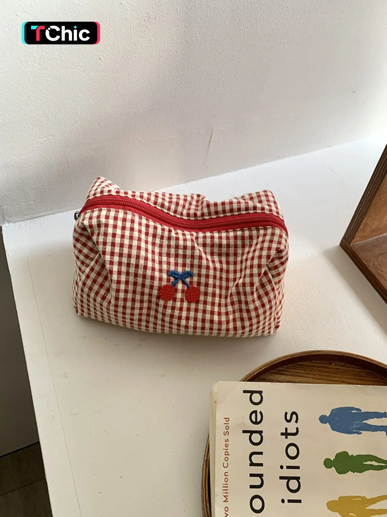 Plaid Cherry Embroidered Makeup Bag, Large Capacity Travel Cosmetic Pouch, Cotton Fabric Storage Bag, High Aesthetic Appeal, Cosmetic Bags