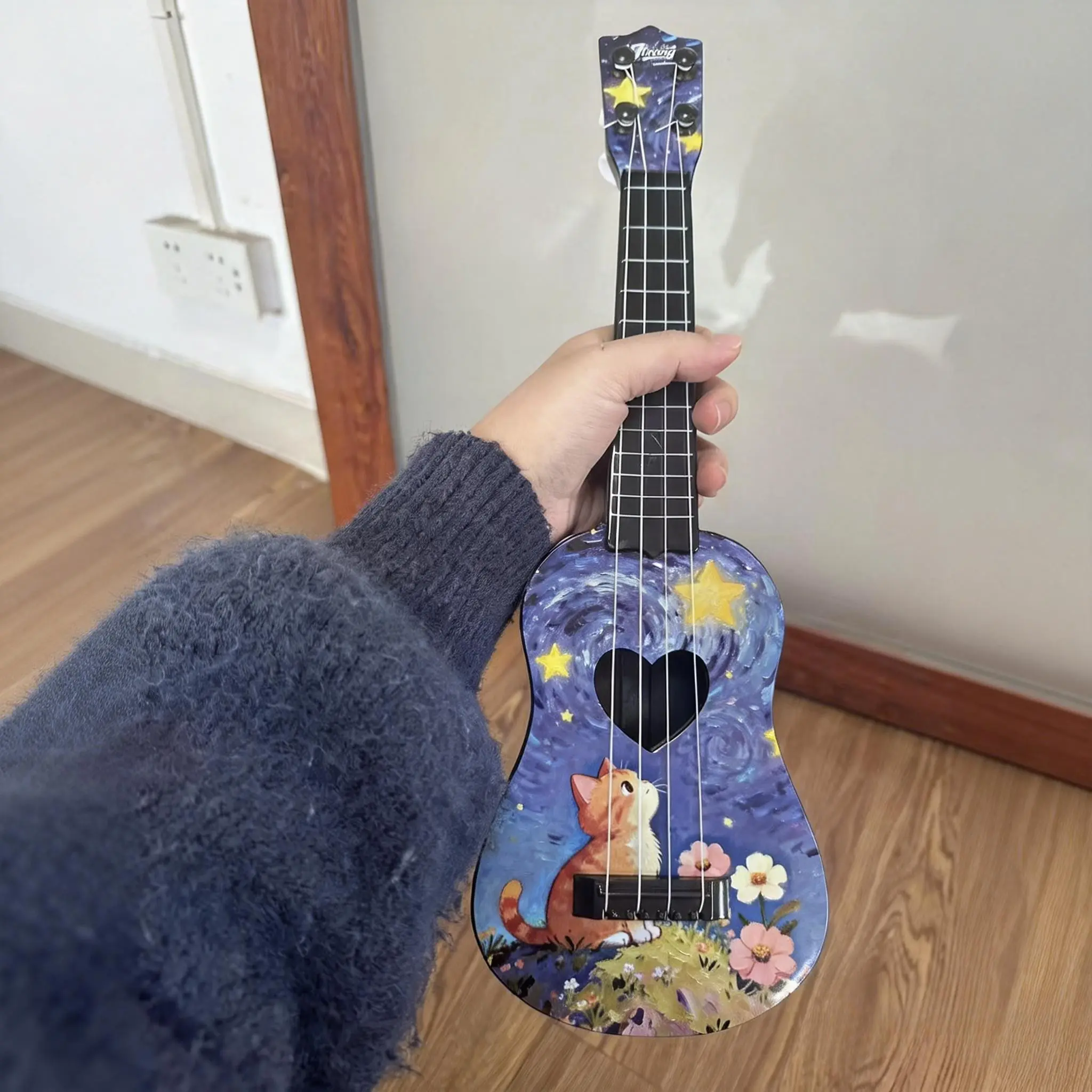 Mini Guitar, Starry Night Design Cat Ukulele, Includes Picks and Strings, Portable, Durable Plastic, Clear Sound, Perfect Gift for Halloween and Christmas