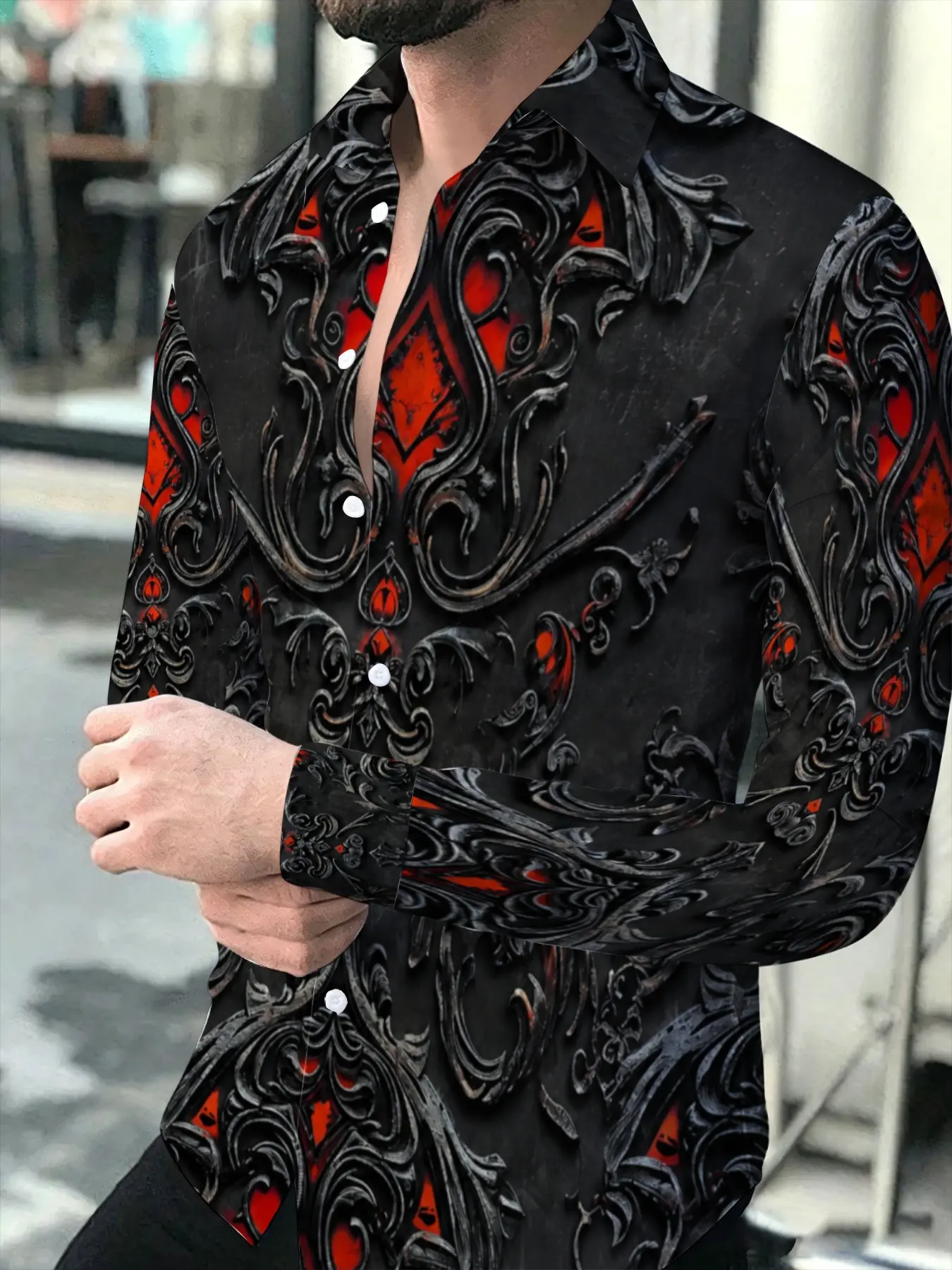 Men's Long Sleeve Shirt Vintage Black Base Red Carved Pattern Business Casual Shirt Fashion Trendy Printed Men's Blouse, Business Casual Wear, Suitable for leisure and sports scenarios