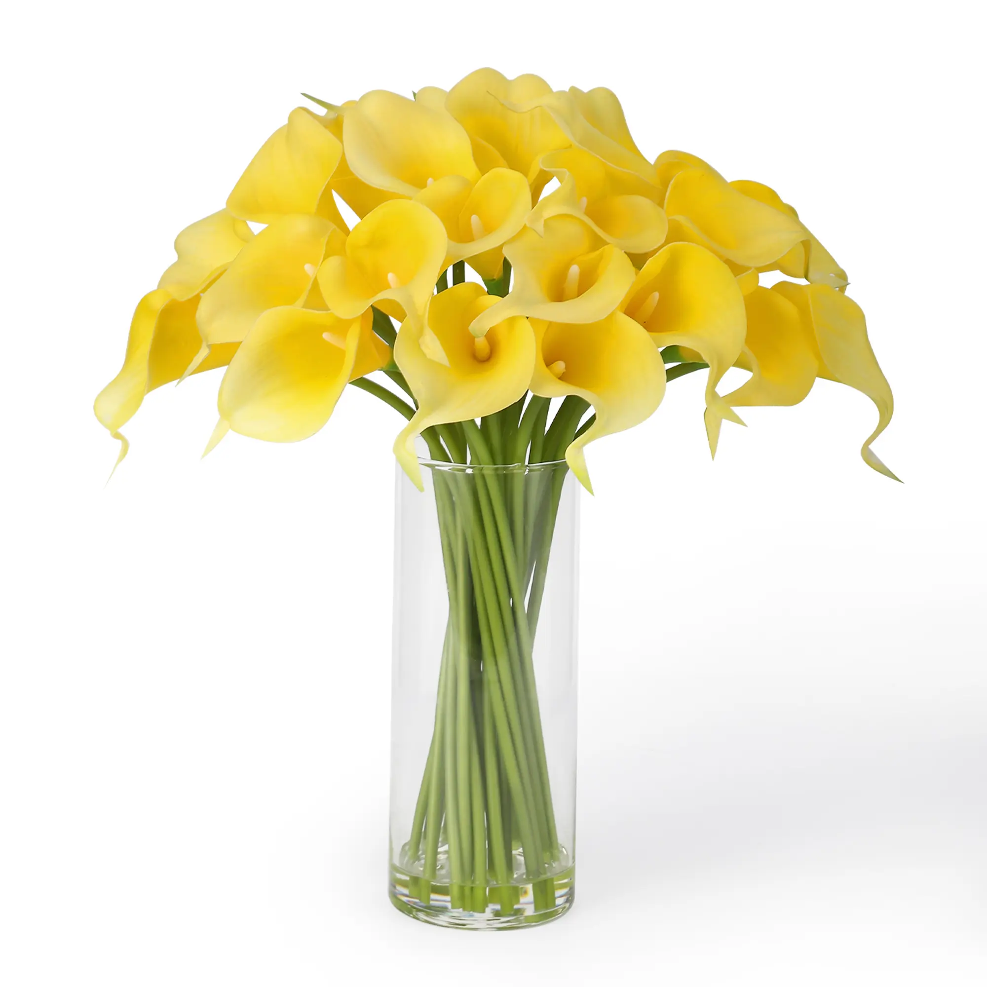 Real Touch Calla Flora Artificial Flowers with Glass Vase & Faux Water – Sunny Yellow Realistic Latex Faux Lilies