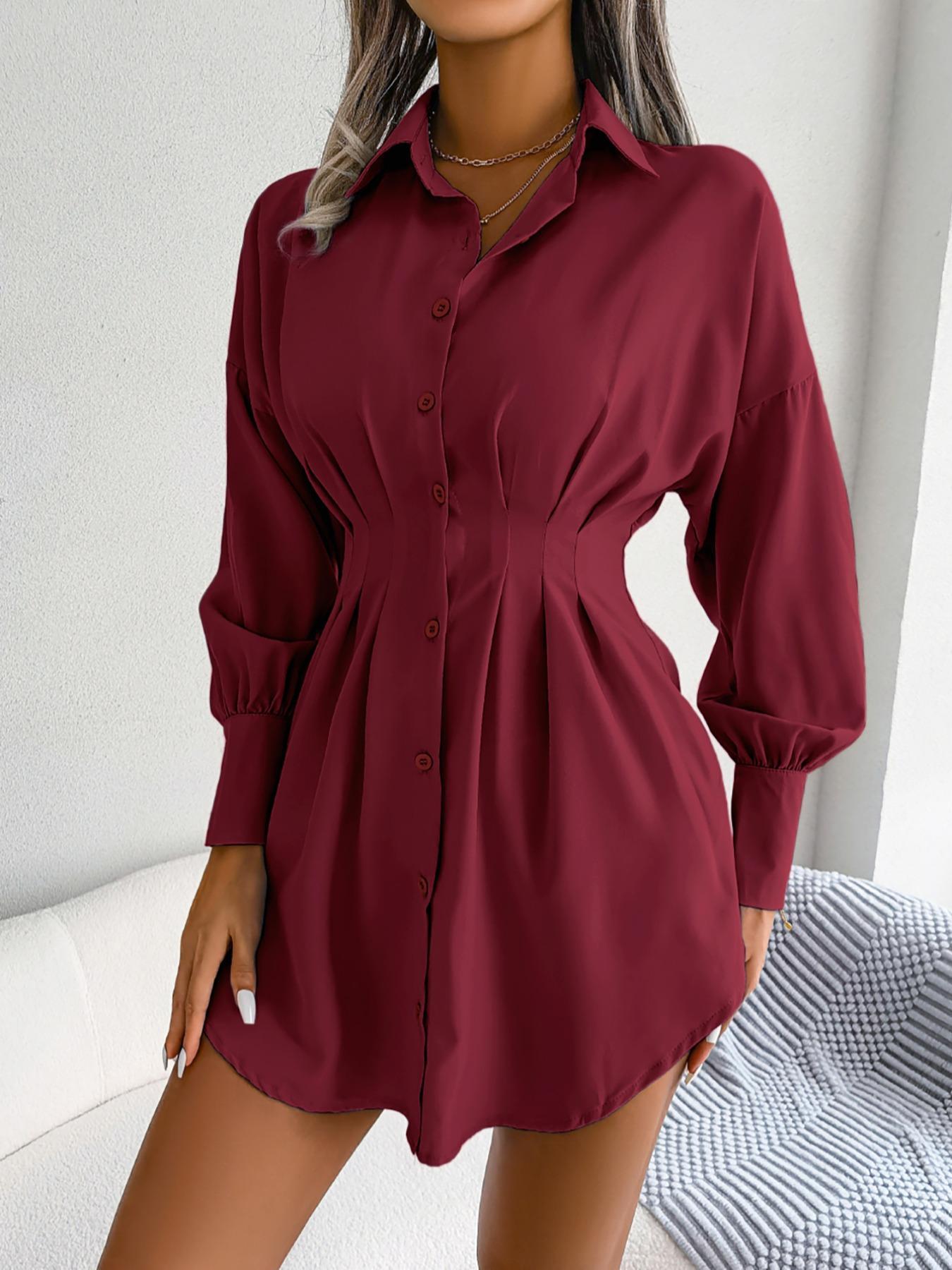 Women's Solid Curved Hem Ruched Button Front Shirt Dress, Casual Comfy Chic Drop Shoulder Long Sleeve Short Dress for Spring & Fall, Women's Clothes, Lady Casual Wear
