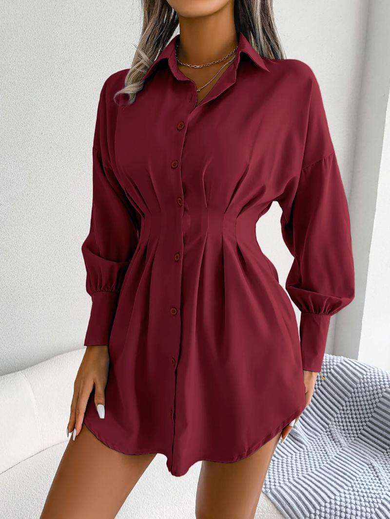 Women's Solid Curved Hem Ruched Button Front Shirt Dress, Casual Comfy Chic Drop Shoulder Long Sleeve Short Dress for Spring & Fall, Women's Clothes, Lady Casual Wear