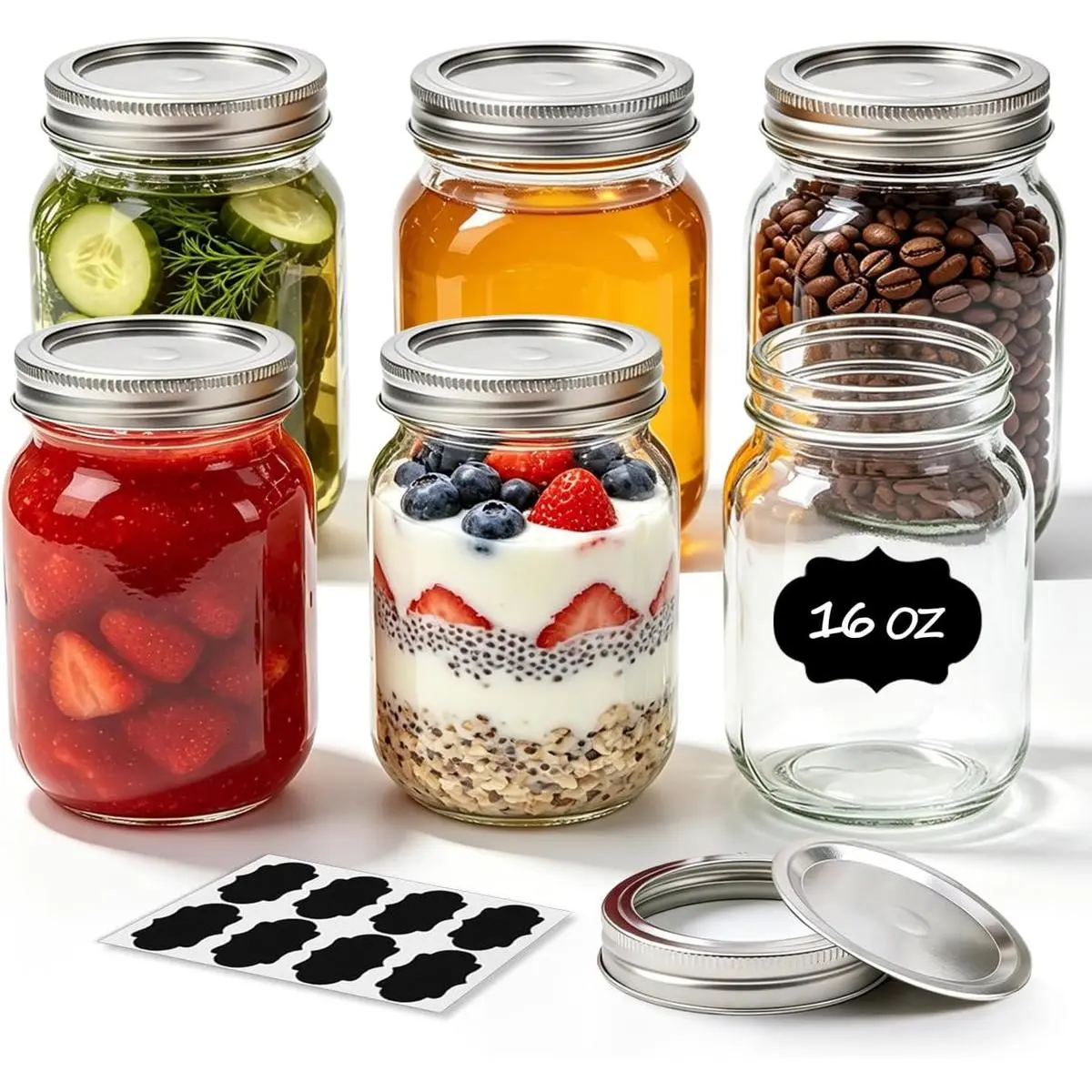 16 oz Regular Mouth Aesthetic Mason Jars Bulk Set (6-PCS with Safety-Button Lids) - BPA-Free Soda-Lime Glass Preserving Containers, Airtight Seal Indicator, Canning, Freezer & Dishwasher Safe Meal Prep Jars