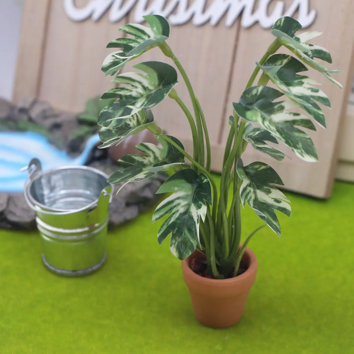 Dollhouse Miniature White Variegated Monstera Plant Micro Landscape Potted Decor Christmas Easter New Year Gift