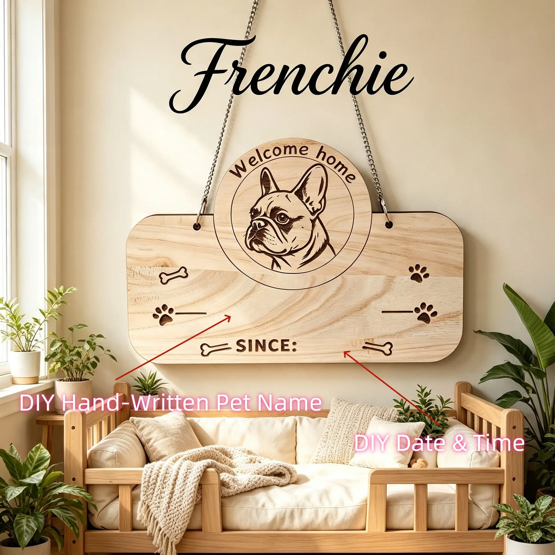French Bulldog Wooden Pet Memorial Tag, DIY Handwritten Dog Name & Arrival Date, Laser Engraved Wood Pendant, Hanging Dog House Decor