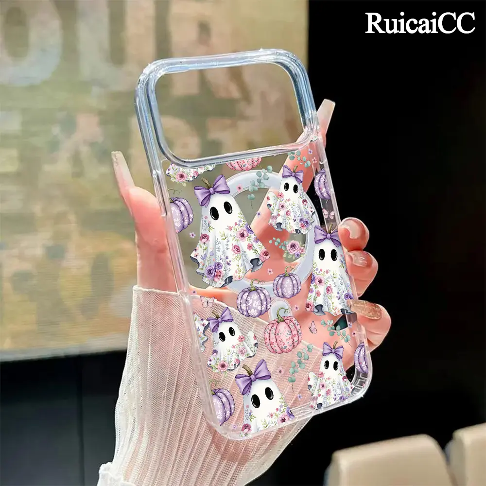 Halloween Floral Ghost Pumpkin Pattern Magnetic TPU Phone Case - Aesthetic Casing with Protection, Transparent Acrylic Shockproof Bumper Accessory for iPhone 17 Pro Max,16,15 Plus,14-11 & Samsung Galaxy S26-S22 FE Plus Ultra (Cellphone Accessories), Smart