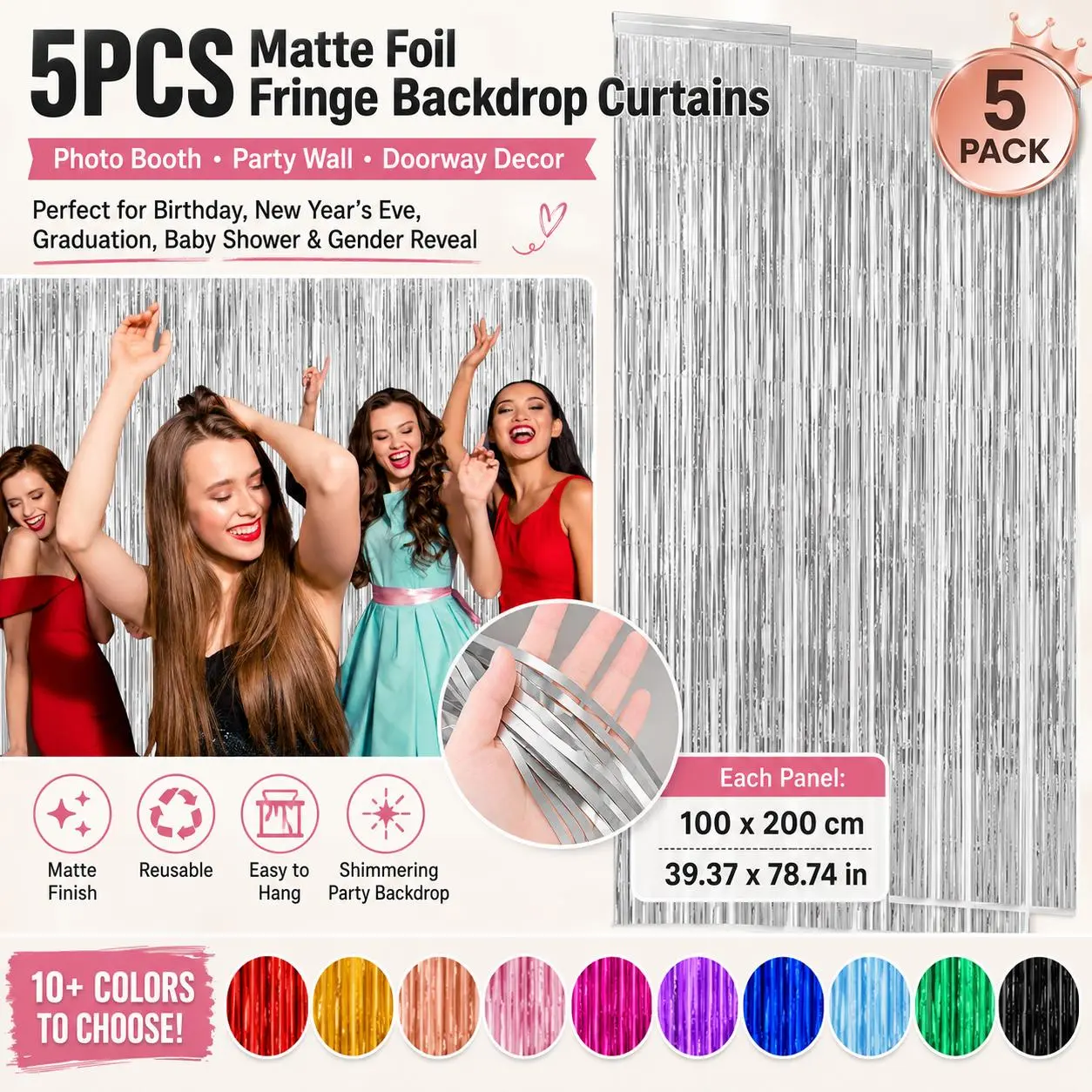 5pcs Matte fringed background curtain Rainbow Silver Foil Fringe Backdrop Curtains Tinsel Streamers Birthday Party Decorations, Fringe Backdrop for New Years Eve Graduation Baby Shower, Gender Reveal，Unicorn Party Decorations