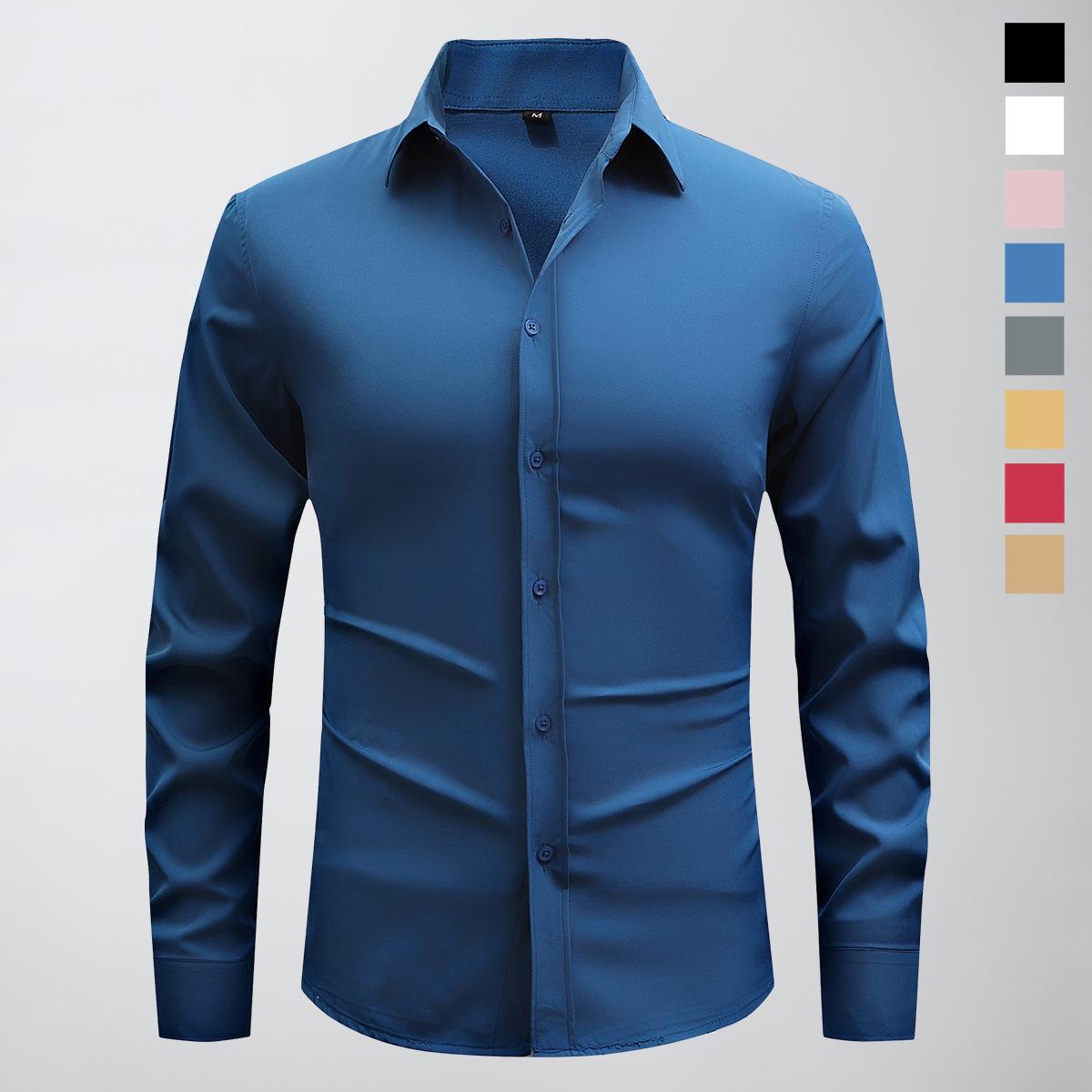 Non-stretch men’s slim-fit long-sleeve shirt; casual button-front dress shirt suitable for semi-formal and business-casual occasions; men’s formal inner layer; solid-color pointed-collar button-front long-sleeve shirt; menswear