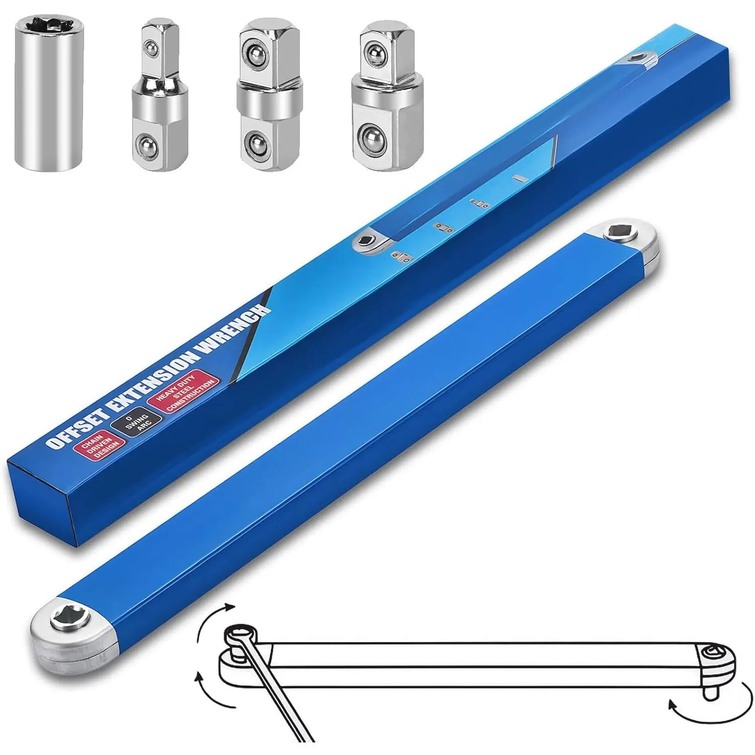 Offset Extension Wrench - 3/8"   Socket Wrench Extender Tool | 15" Ratchet Offset Extender Set for Tight & Small Place Versatile 1/4", 3/8", 1/2" Square Drive Adapters, 0° Swing Extender