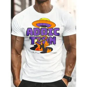 Casual, Men's T-Shirt, Addicted To Gaming With UFO And Robot Design, Everyday Wear For Summer And Spring, Gift For Gamers And Tech Enthusiasts
