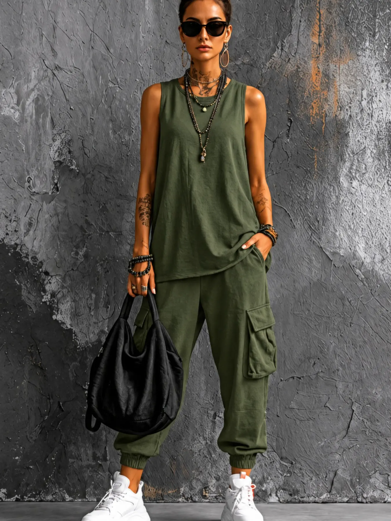 Women's 2-Piece Lounge Set, Ladies Loungewear with Pockets, Sleeveless Tank Top & Cargo Jogger Pants, Casual Matching Outfit, Comfortable and Stylish Loungewear for Home Wear