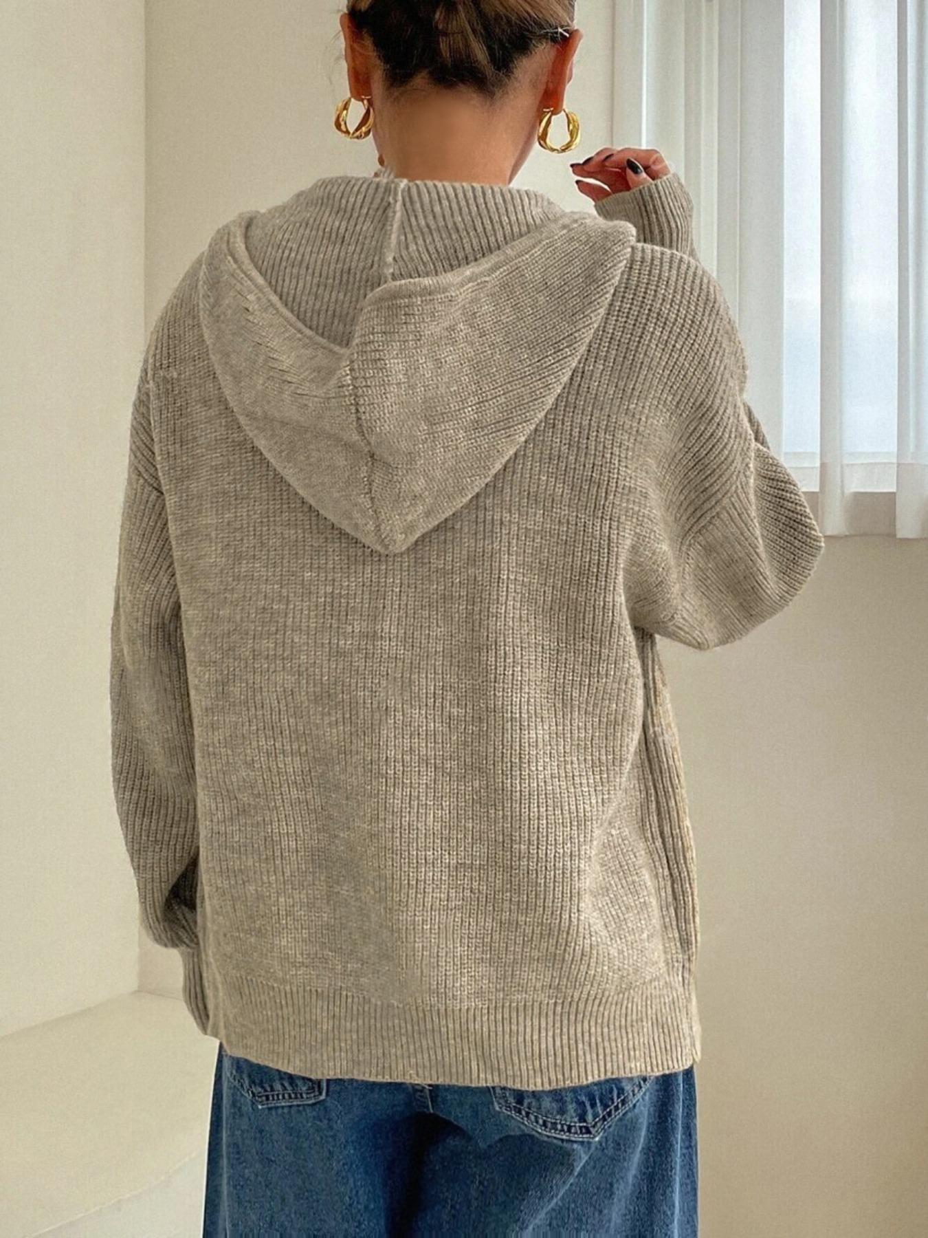 Women's Solid Zip-Up Hooded Sweater Cardigan, Casual Drop- Shoulder Long-Sleeve Cardigan, Women Knitwear for Fall & Winter Daily Wear