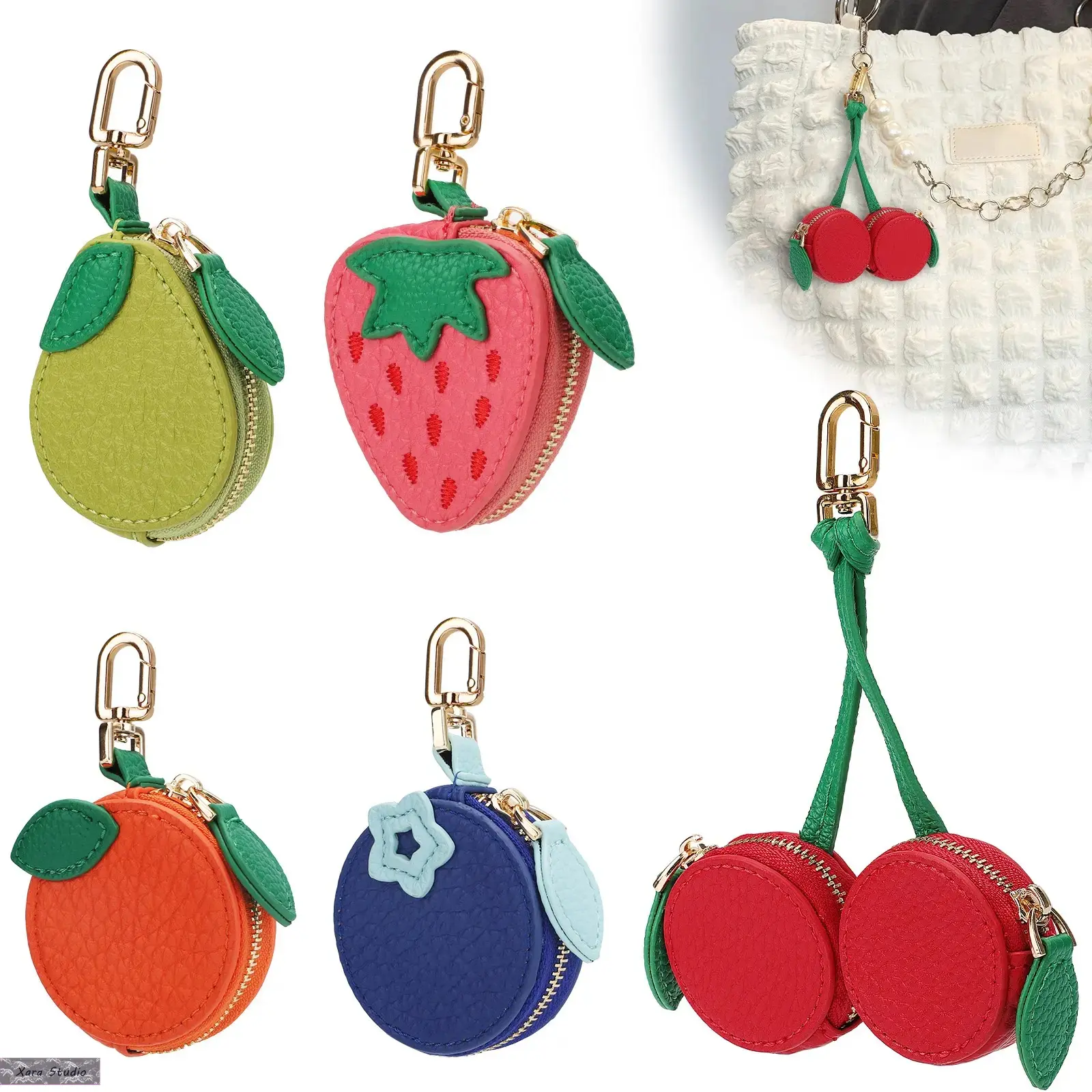 Kawaii Fruit Coin Purse for Women and Girls, Mini Polyester Zipper Pouch, Keychain Bag Charm for Earbuds and AirTag