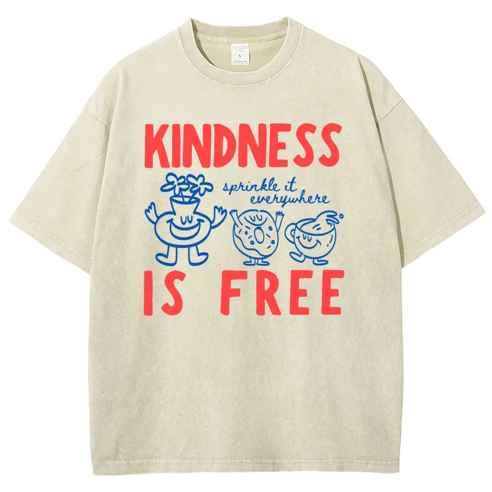 Red&Blue Kindness Is Free Cute Cartoon Donut Coffee Flower Unisex Graphict Washed T-Shirt Personalized Pattern Y2k Clothing Round Neck Washed T-Shirt,Women's Clothing 100% Cotton, Menswear, Top, Vintage Style,Summer Casual Oversized