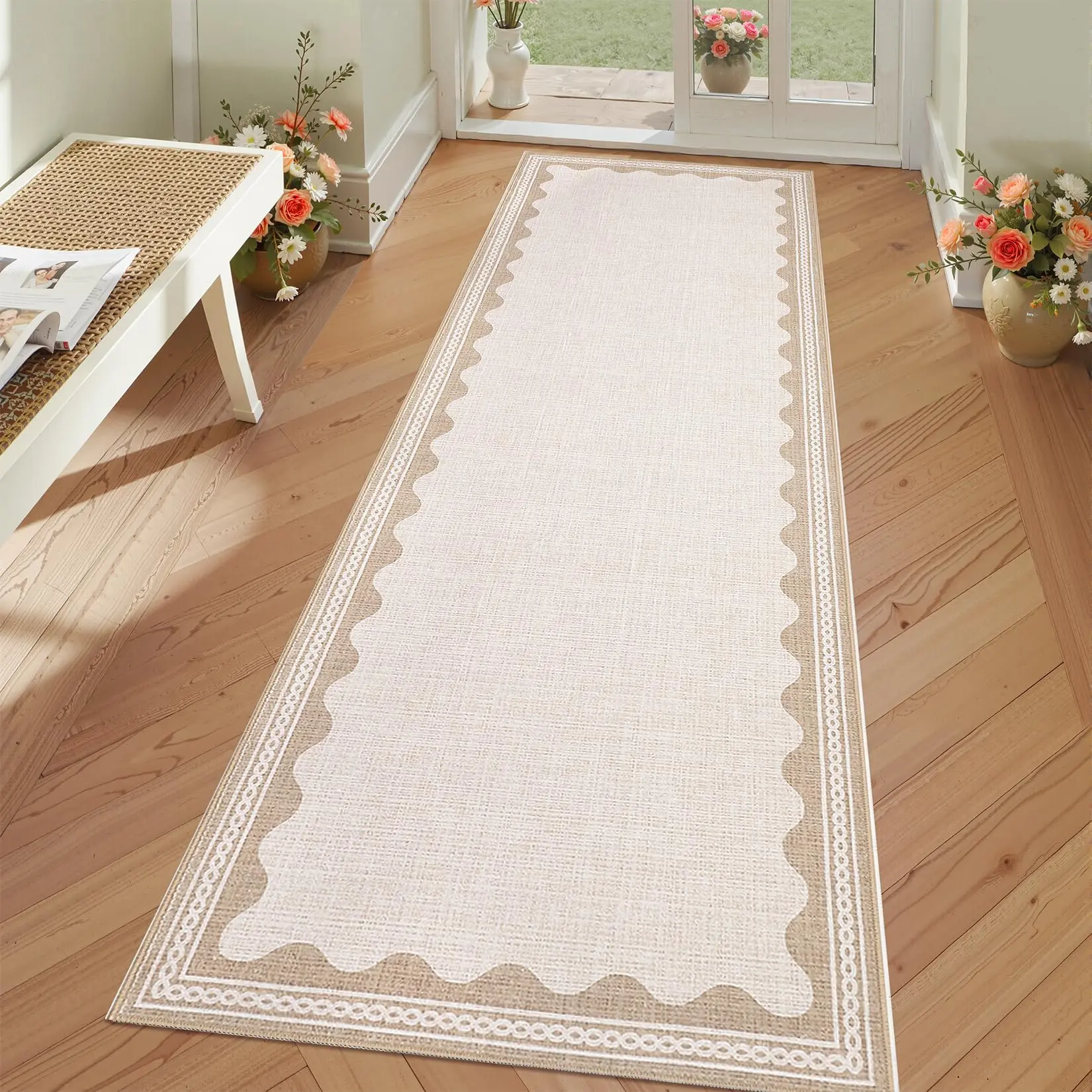 Garvee Scalloped 2x6 Runner Rug for Hallway Washable Kitchen Rugs Non Slip Solid Beige Modern Soft Low-Pile Indoor Carpet for Entryway Laundry Room Floor Mats