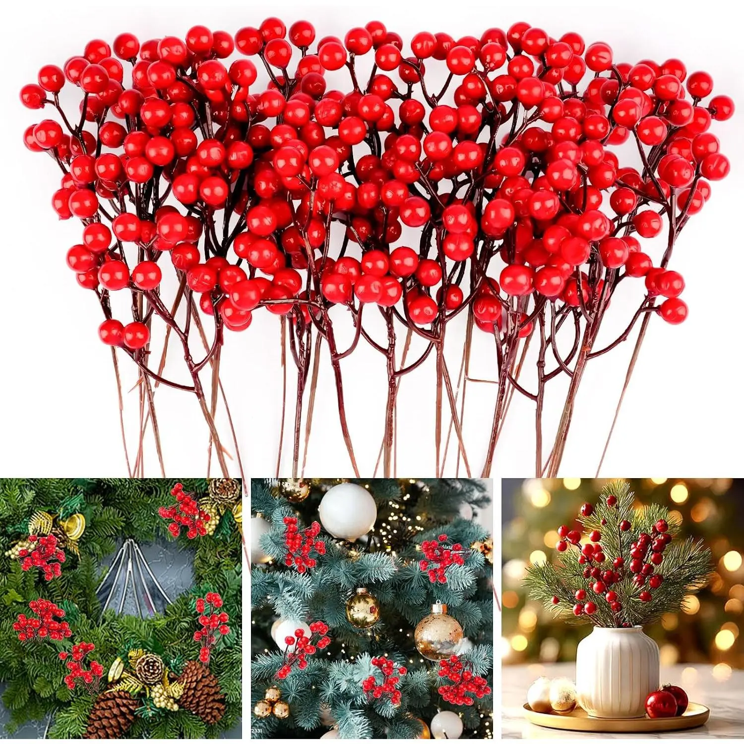 24 Pack 7.6" Red Berry Stems, Holly Berry Stems, Artificial Berry Picks | Red Berries Christmas Decor Branches Ornaments for Christmas Tree, Wreath, Crafts, Winter, Xmas