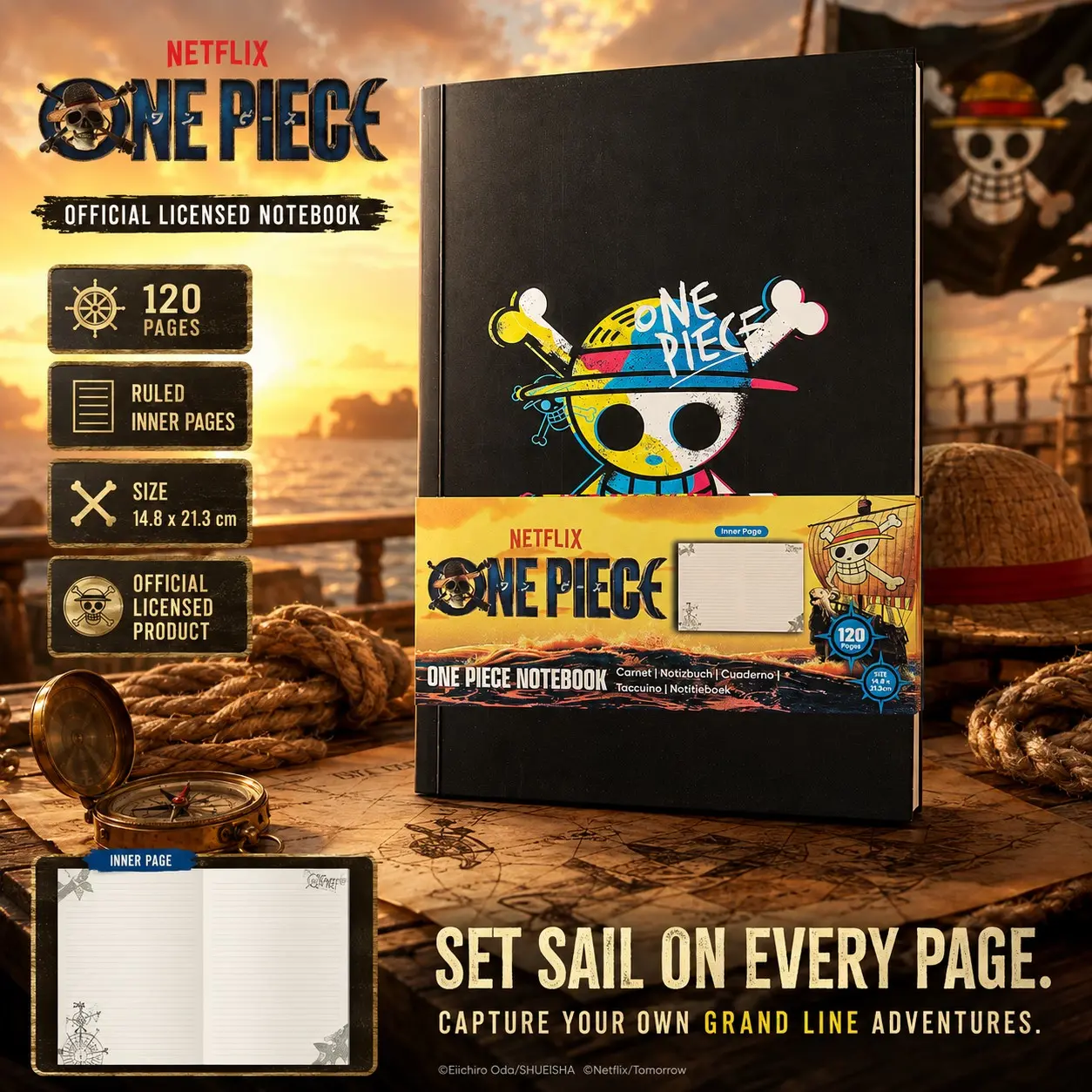 Netflix Official One Piece Notebook Journal, Luffy Skull A5 Anime Manga Stationery Set, Back to School Gift, Kids Teen Fan Merch