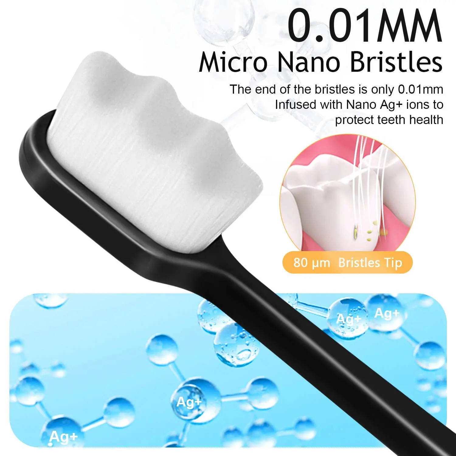 Adult Ultra Soft Manual Toothbrush for Sensitive Gums & Skin, 20000 Floss-Tip Bristles, Hypoallergenic, Ergonomic Non-Slip Grip, Travel-Friendly, Latex-Free, Black, Pack of 1, Soft Bristles Toothbrushes, Gentle Care