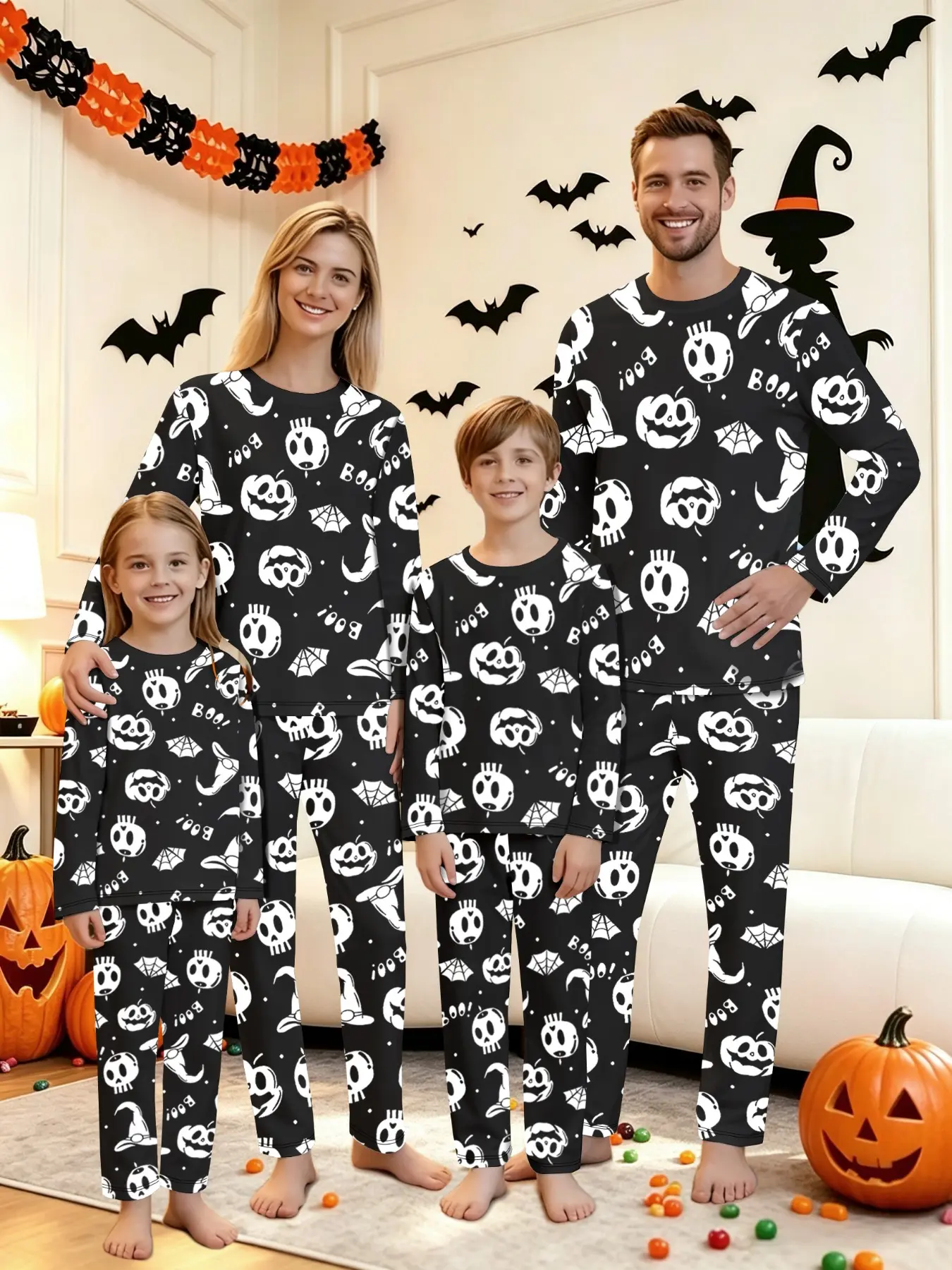 Family Halloween Pajama Set, 2-Piece Pumpkin Print Sleepwear for Men Women Kids, Casual Loose-Fit All-Seasons Home