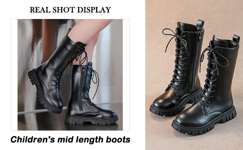 Demon hunters Lace Up Riding Boots Mid Calf Combat Boots Lace Up Riding Boots Mid Calf Combat Boots PU Leather Side Zipper Punk Goth Boot Halloween gift