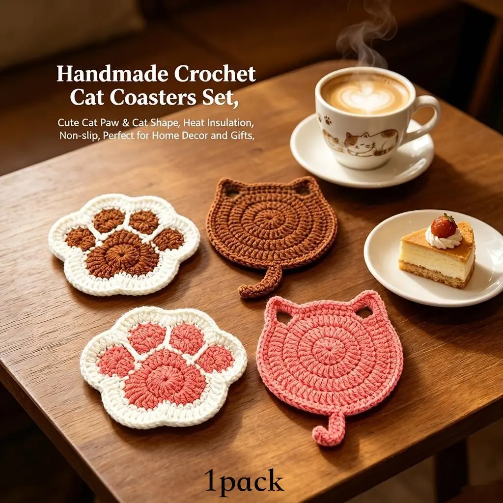 Handmade Crochet Cat Cup Coaster Set, Coasters for Drinks, Creative Cute Cat Coffee Mat, Gift for Cat Lovers, Home Decor Desk Protector, Insulated Table Topper
