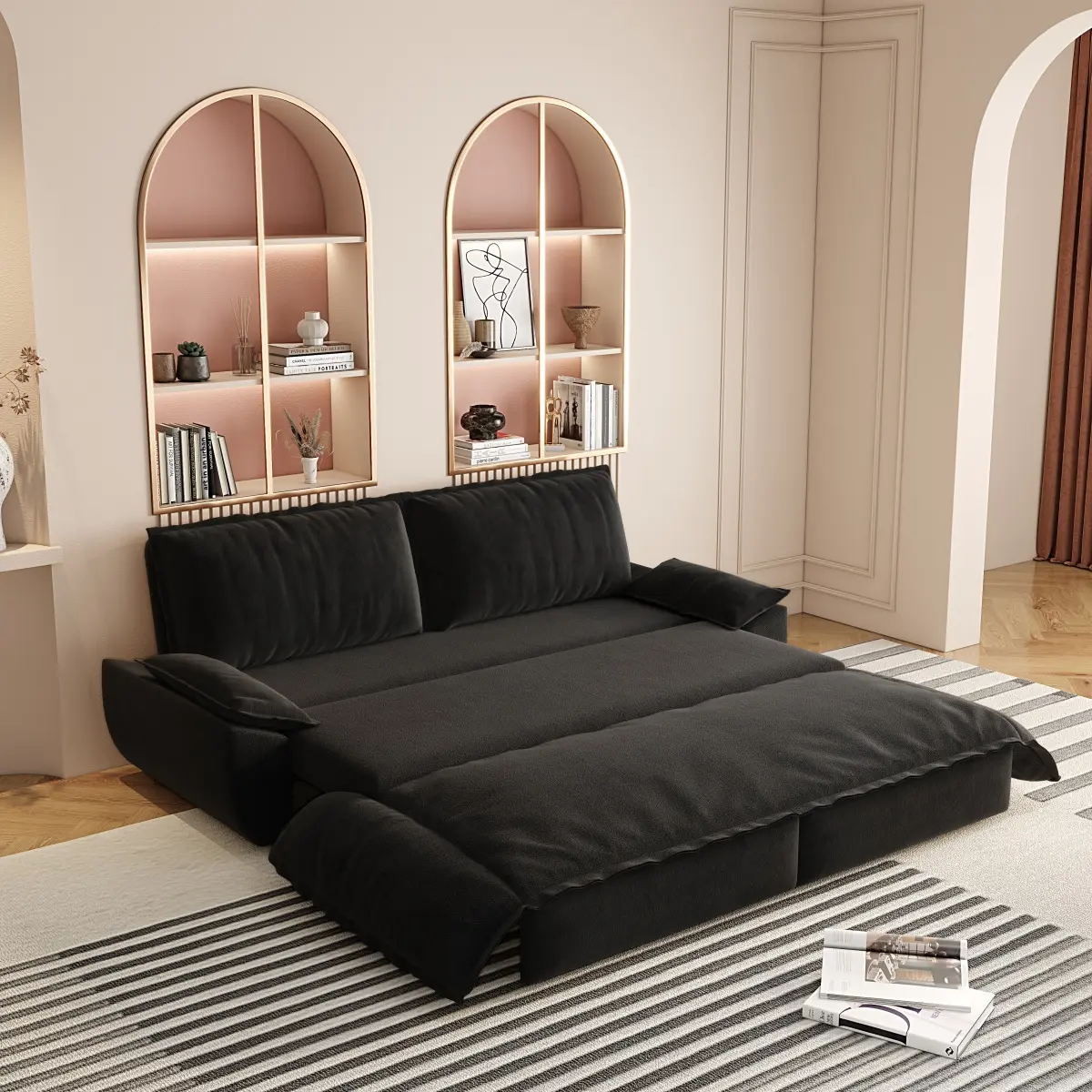 3-in-1 Convertible Sleeper Sofa Bed Loveseat Couch, 73.2" Queen Pull Out Sofa Bed,Multi-Functional Velvet Loveseat Bed, Black