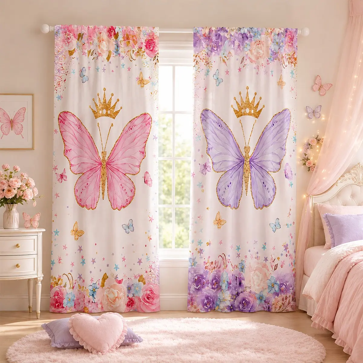 Crown Butterfly Curtain Set, Curtains Black Out, 2 Piece Kids Blackout Dreamy Floral Print Drapes, Girl Bedroom Princess Room Decor Window Treatments