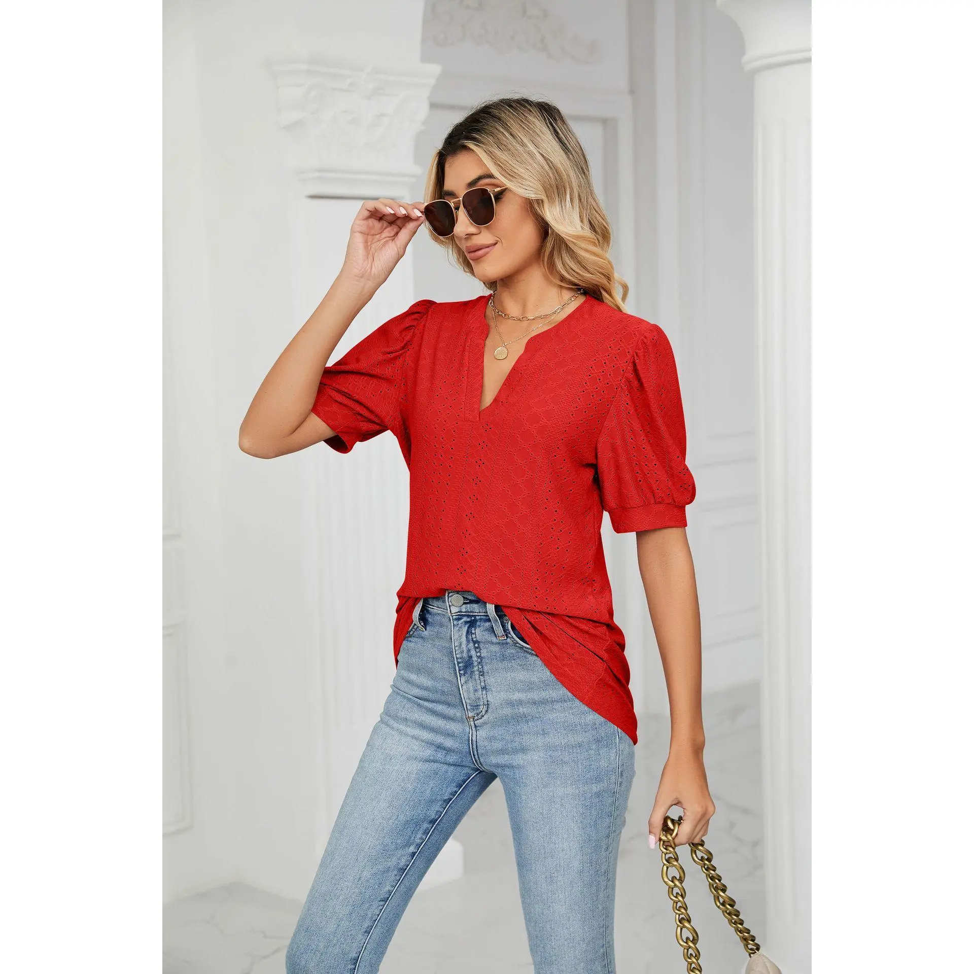 Women’s Eyelet Embroidered V-Neck Blouse, Solid Color Puff Sleeve Loose-Fit Summer Top, Lightweight Casual Shirt for Work, Vacation, Brunch and Daily Wear