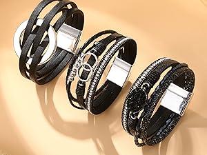 Women’s Leather Wrap Bracelets - Boho Western Cuff Style, Beaded Stackable Design | Gold, Black, Gray Trendy Fashion Accessories