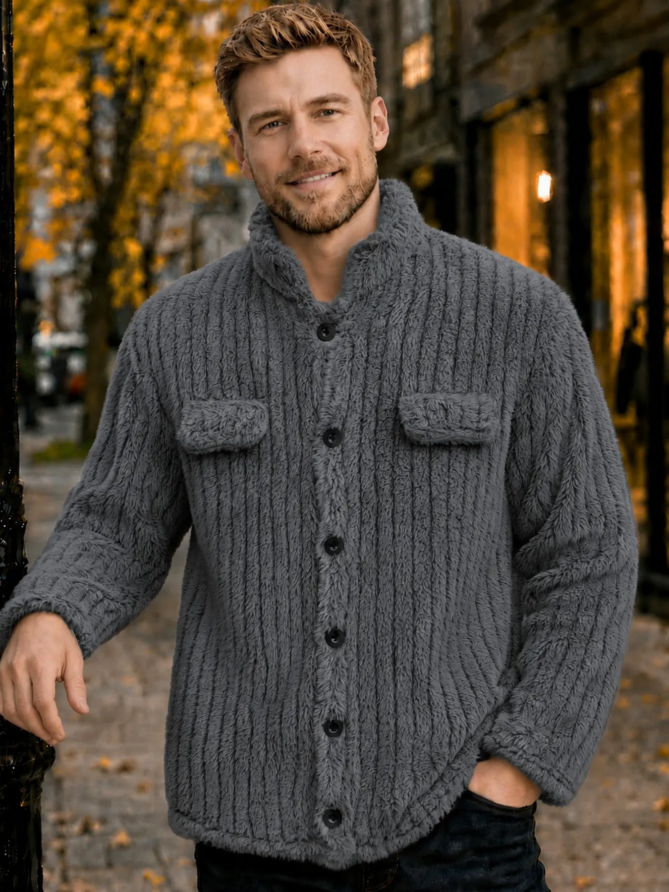 Men's Thick Sheepskin Fleece Jacket, Fall Winter American Casual Teddy Fleece Stand Collar Coat, Soft Warm 3D Texture, Button Front, Pockets