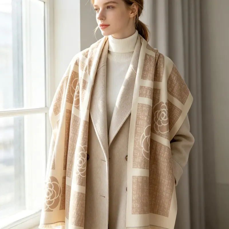 Fashion Retro Plaid Camellia Jacquard Scarf, 180x65cm Fall Winter Shawl, Perfect for Travel, Parties, Daily Wear