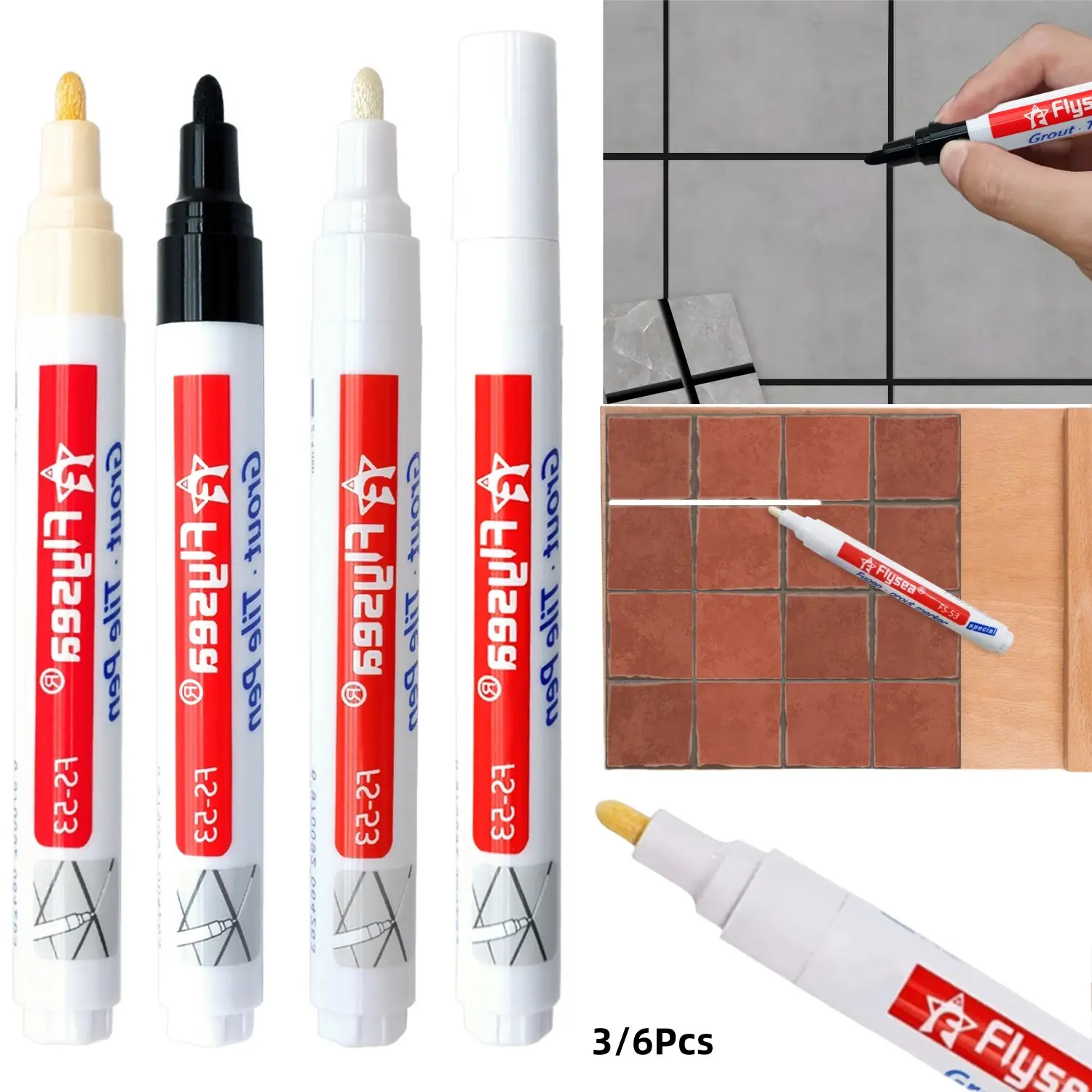 3/6 Pieces Tile Pen Wall Grout Color Pen Tile Repair Pen Refill Wall Gap Grout Renew Marker for Tiles Floor Bathroom Decontamination Seam Repair Filling Pen (Black,White,Beige)