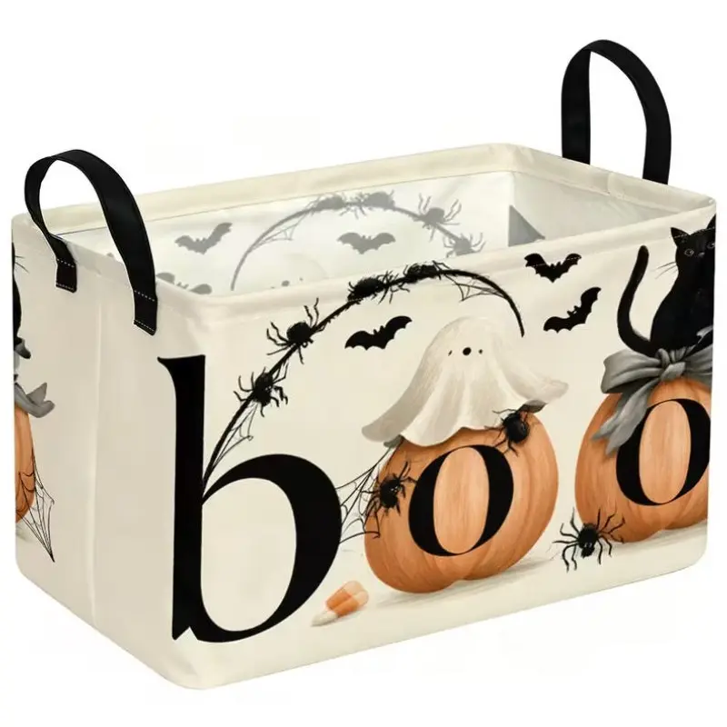 1pc, Halloween Boo Themed Storage Basket, Spooky Print with Pumpkins, Ghost, Black Cat, Spiders & Bats, Multiple Specifications Available, Festive Organizer for Bedroom, Living Room & Closet to Keep Daily Items Tidy, Shelf Baskets