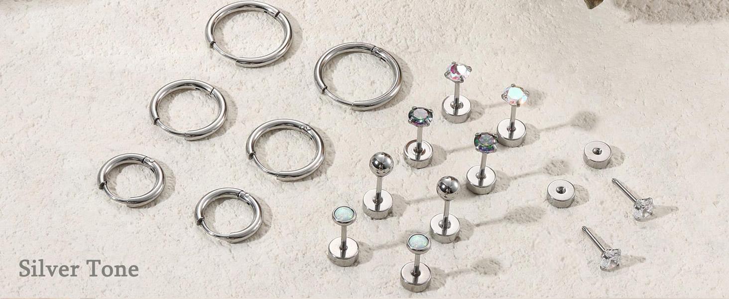 Fashionable fine needle earrings Steel Earrings for Hypoallergenic 20G Stainless Steel Small Opal Ball CZ Surgical Steel Flat Back Earrings Cartilage Earrings Hoop for Women Men