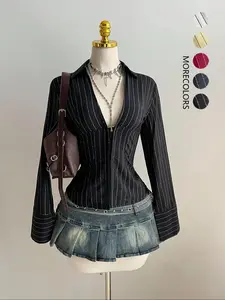 Elegant Women's Striped Long Sleeve Waist Cinching Irregular Hem Slimming Short Shirt Top, Versatile Stylish Blouse for Casual Wear, Bohemian Fitted Top, Womenswear