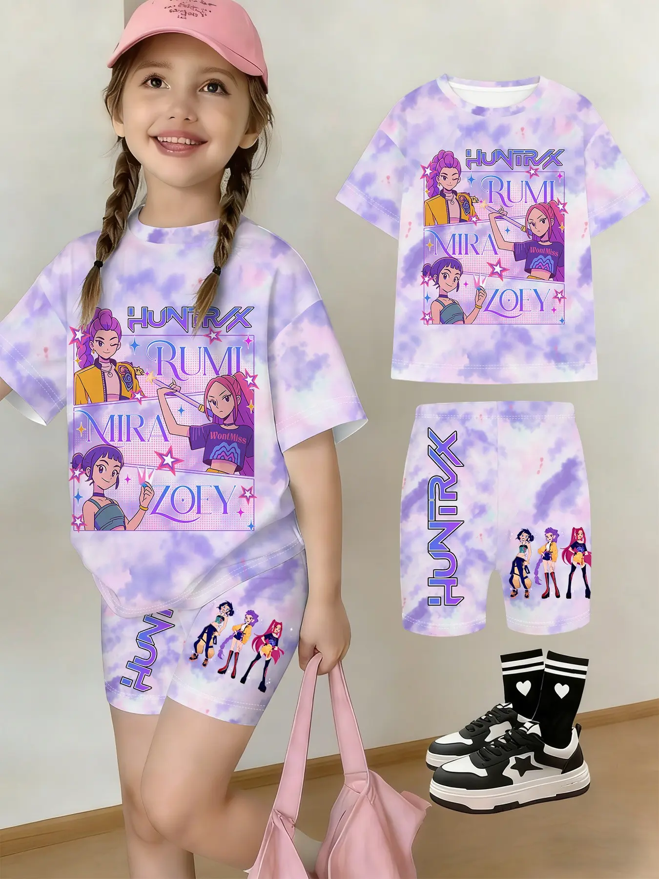 Girls' Summer T-Shirt and Shorts Set, Summer Clothing Set, Tie-Dye Character Print, Casual Streetwear, Clothes Kids, Perfect Gift for Kids, Outdoor Friendly
