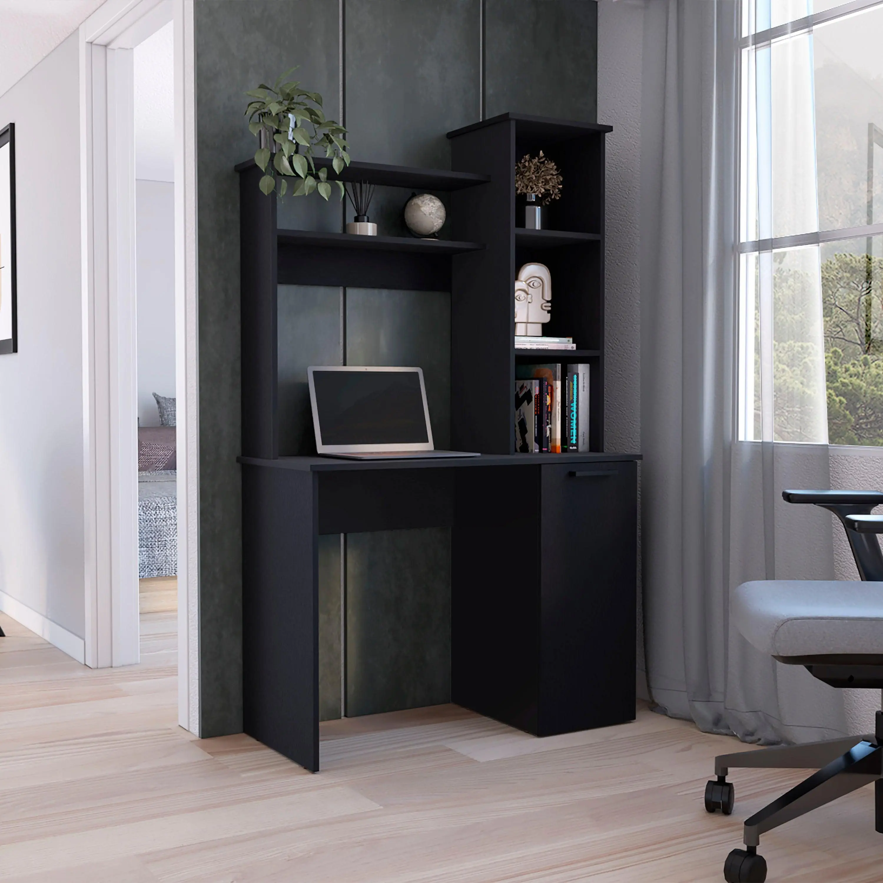 Computer Desk with Hutch, Single Door Cabinet and 3-Tier Shelves, Particle Board, Black, 38.7" W x 17.7" D x 64.21" H