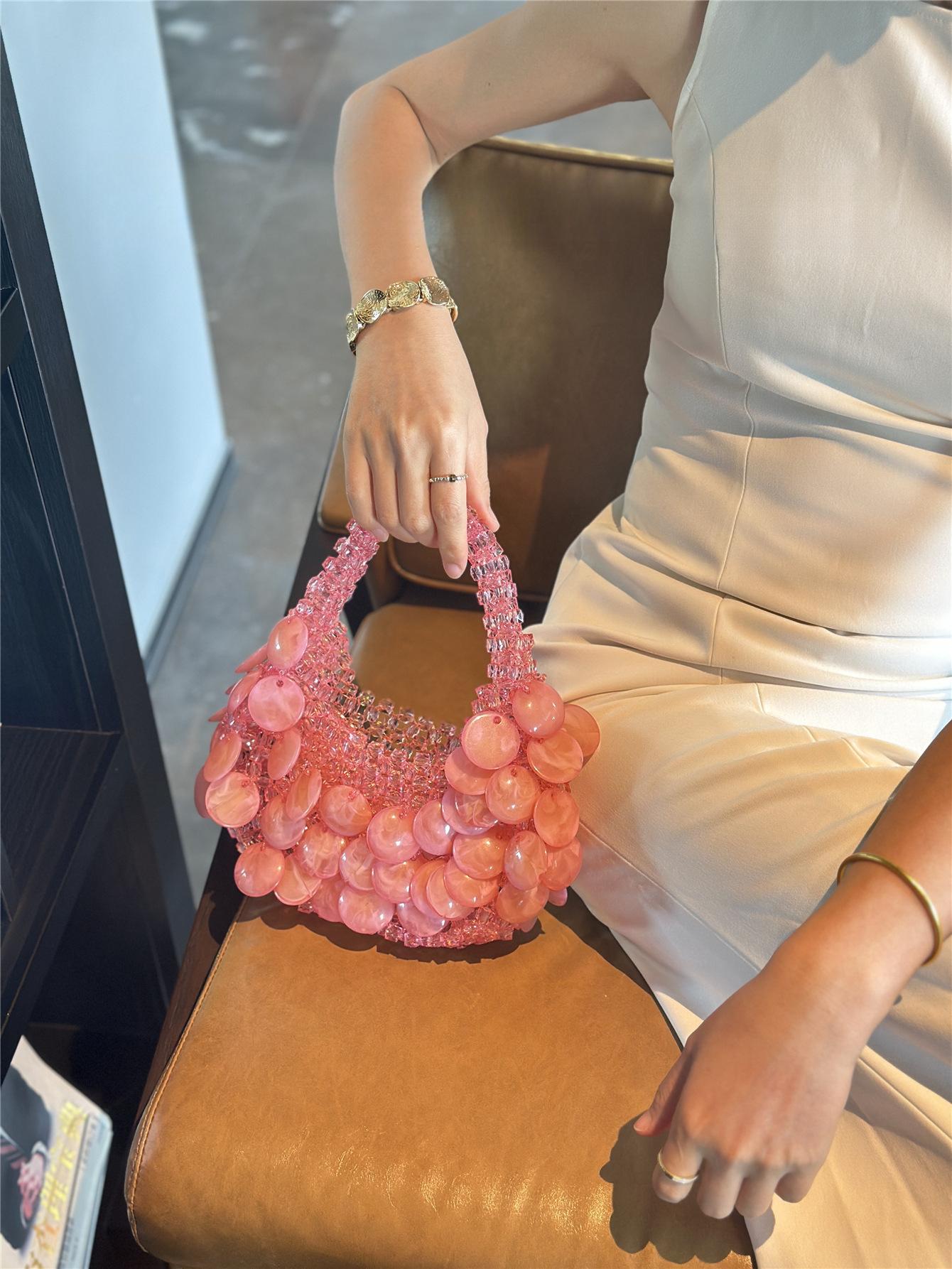 Vintage Barbie Pink Handmade Beaded Pearl Natural Large Shell Bucket Bag Crescent Bag Handbag for Women 2026