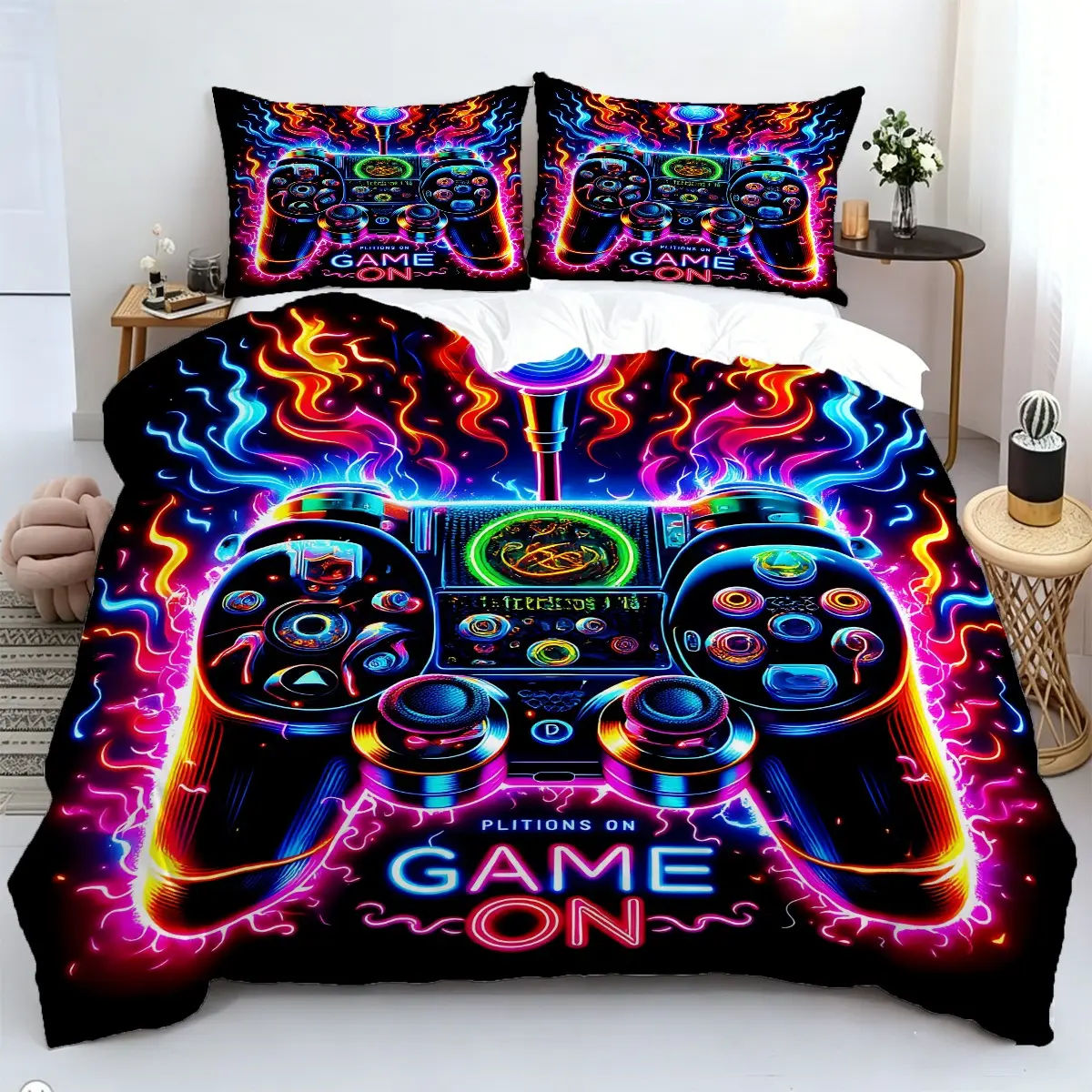 2/3Pcs Game Controller Pattern Duvet Cover Set, Vivid Colors Print Bedding Set, Cool Neon Video Game Bedroom Decor, Ideal Gift for Gamers, Machine Washable. 1 or 2 Pillowcase, No Filling
