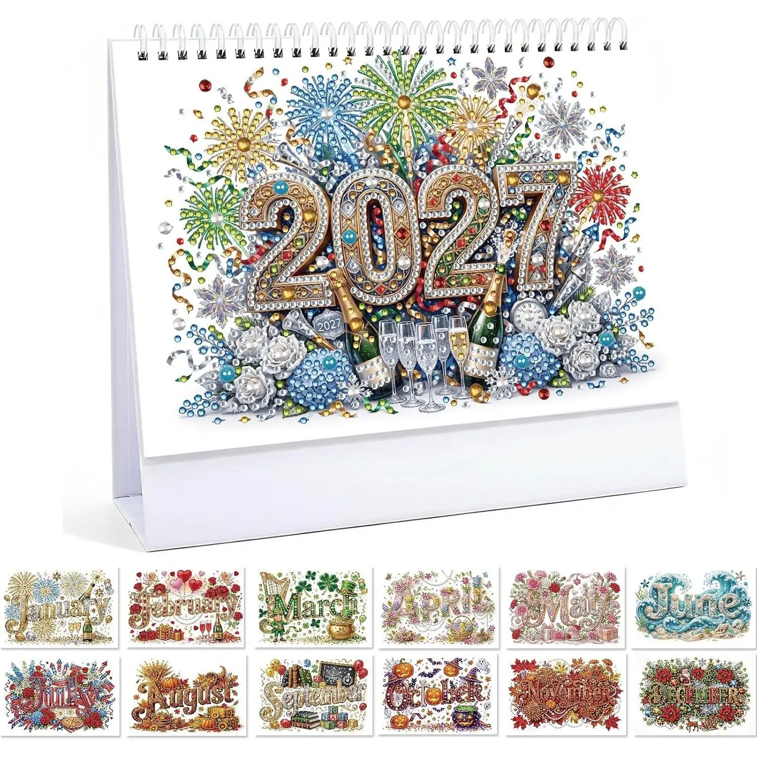 2027 5D Theme DIY Art Desk Calendar - Double-Sided Art Painting, Monthly Flip, Thick Paper, Blank Notes Planner for Office Tabletop Office Users