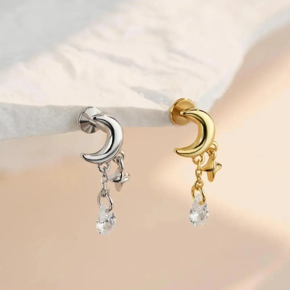 Women's 1-Piece 16G Surgical Steel Helix Earrings - Celestial Moon Star Cubic Zirconia Dangle, Internally Threaded, Hypoallergenic, Non-Tarnish Casual Cartilage Piercing Jewelry
